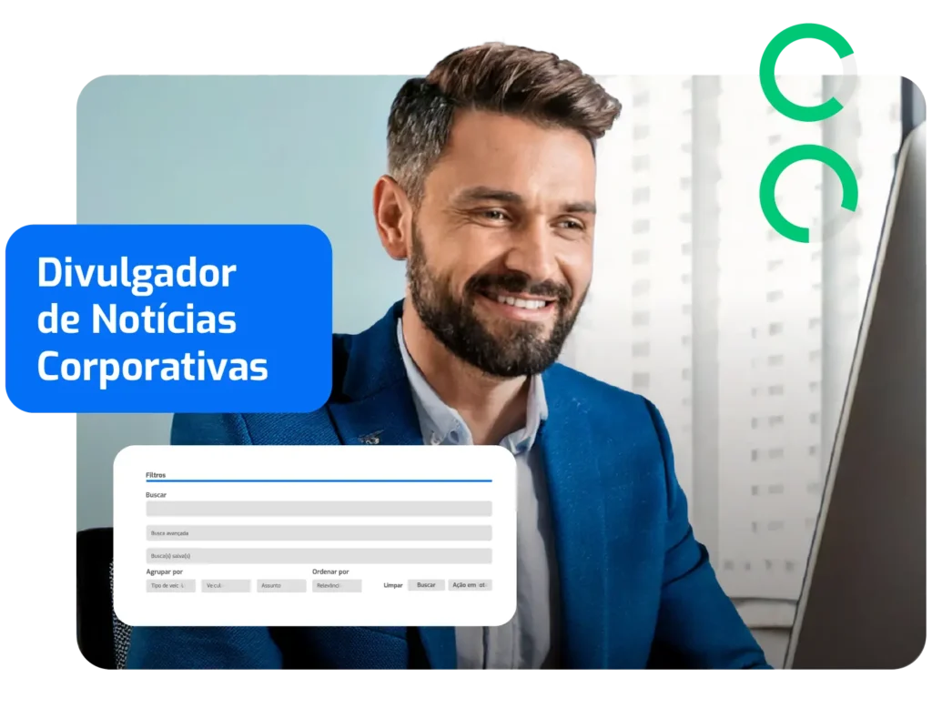Divulgador de notícias corporativas com painel de filtros