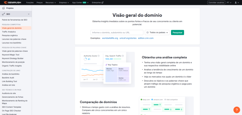 Ferramenta para fazer análise da concorrência - página SemRush
