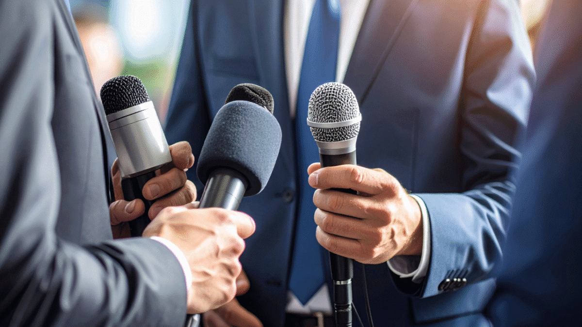 Firefly_um assessor de imprensa fazendo contato com jornalistas em uma coletiva de imprensa - relacionamento com a imprensa