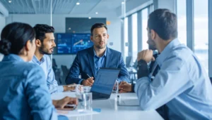 Firefly um diretor de comunicação em reunião com o seu time em uma sala moderna espelhada - social listening para diretores de comunicação