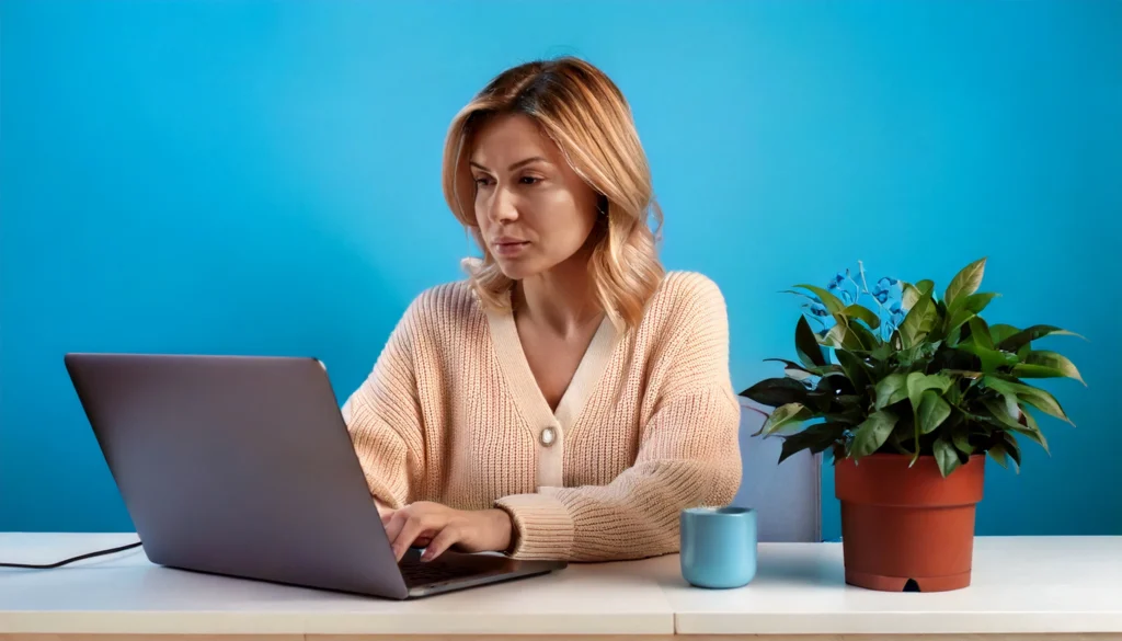 mulher-concentrada-no-computador-melhoria-continua-com-analise-da-concorrencia