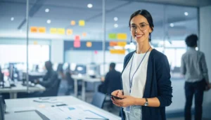 Firefly_Uma profissional de marketing em uma agência de publicidade alegre, bonito - social listening e análise de sentimento