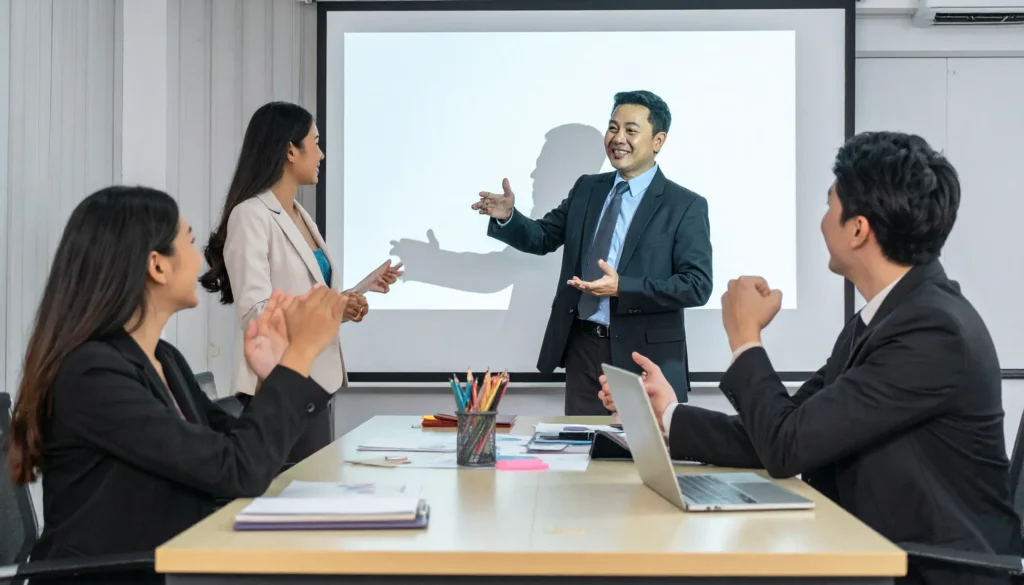 uma conversa entre empresários e os stakeholders de sua empresa. eles estão em um auditório - social listening como usar