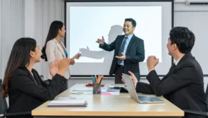 uma conversa entre empresários e os stakeholders de sua empresa. eles estão em um auditório - social listening como usar
