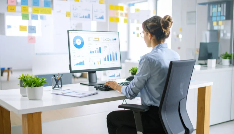 Firefly_uma profissional de relações públicas em seu escritório sentada a mesa - relações públicas e inteligência artificial