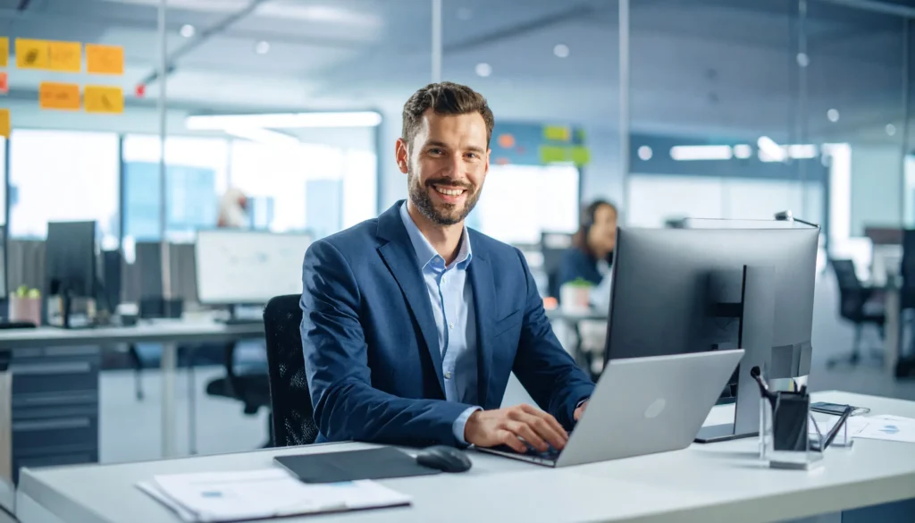 Firefly_um analista de marketing trabalhando na sua mesa no escritório da empresa.- inteligência artificial na comunicação