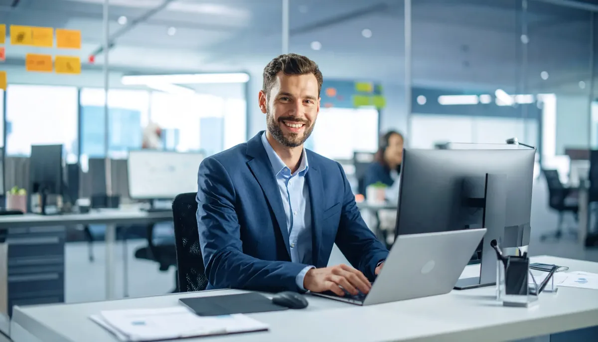 Firefly_um analista de marketing trabalhando na sua mesa no escritório da empresa.- inteligência artificial na comunicação