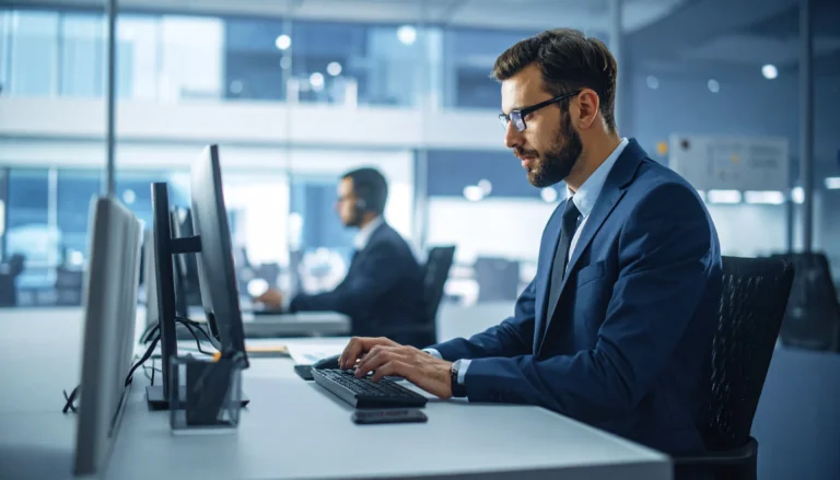 Firefly_um profissional de comunicação corporativa trabalhando em um escritório comum. | FAQ Knewin AI