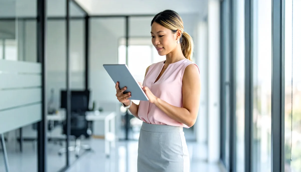 Firefly_uma profissional vendo informações em um tablet. ela está em pé em um escritório - como usar o knewin aI